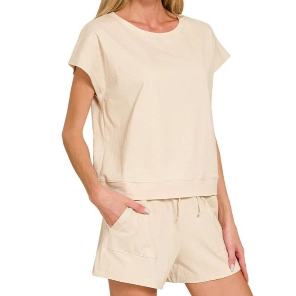 Zenana Premium Cotton Short Sleeve Top & Short Set Women's S Sand Beige NWOT